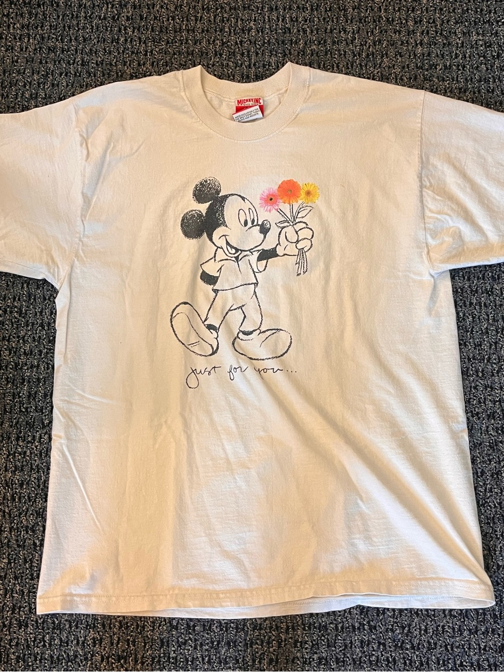Vintage 90s Mickey Inc Mickey Mouse T-shirt Large L “Just For You” Tan Flowers
